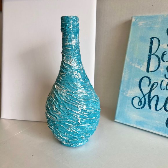 Vintage Bottle, Handmade Home Decor, Blue Farmhouse Decor, Up cycled Vase